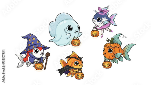 Halloween Fish Fantasy: An assortment of fanciful goldfish adorned in playful Halloween costumes, each carrying a miniature pumpkin.