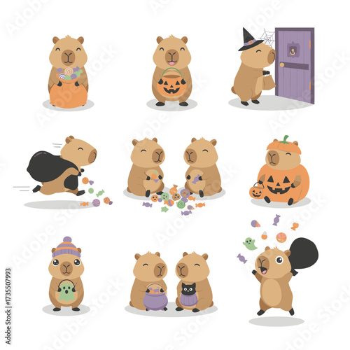 Cute capybaras celebrating halloween in costumes with candy and pumpkin decorations. Perfect for holidaythemed designs and social media posts.