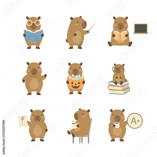 Nine capybara illustrations in different activities and settings, perfect for animalrelated designs, educational materials, and wildlifethemed projects. Great for natureinspired graphics.