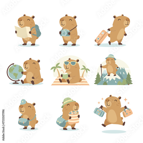 Nine cartoon capybaras traveling and exploring various locations. Perfect for childrens books, travel blogs, and educational materials about wildlife adventures.