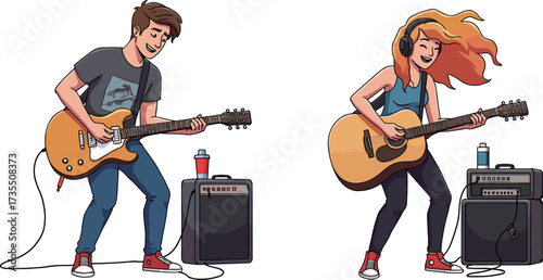 Man playing electric guitar with amplifier, woman wearing headphones playing acoustic guitar, music performance, rock concert, band rehearsal, creative hobby illustration