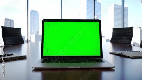 Green Screen Laptop in Modern Office