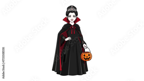 Halloween Vampire: A charming illustration of a vampire stands ready to celebrate Halloween. Dressed in classic vampire attire, the vampire wears a cape, and carrying a pumpkin basket.