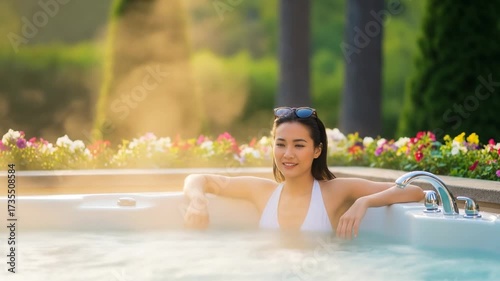 Woman relaxing in hot tub outdoors on a sunny day