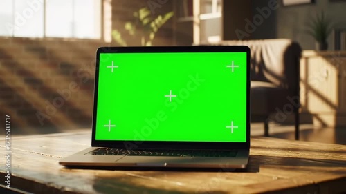 Laptop with Green Screen Mockup in a Cozy Living Room