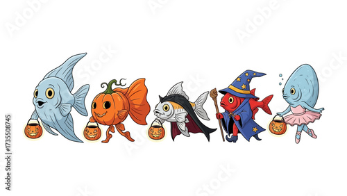 Halloween Fish Parade: A whimsical illustration of diverse fish characters, each adorned in unique costumes, playfully parading with their treat buckets for the joyous Halloween celebration.
