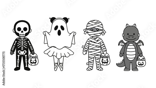 Halloween Characters in Lineup: A charming lineup of Halloween characters, a skeleton, ghost, mummy, and dragon. They stand ready for a spooky adventure, all with trick-or-treat candy buckets.