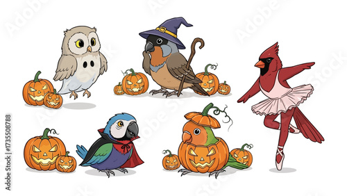 Whimsical Halloween Birds : A charming ensemble of illustrated birds each adorned with playful Halloween costumes and surrounded by intricately carved pumpkins. It's a festive illustration.