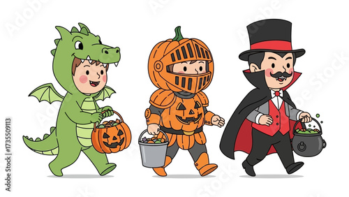 Halloween Trio: A delightful illustration portrays a trio of costumed children ready for trick-or-treating, embodying the festive spirit of Halloween, with their candy baskets and playful attire.