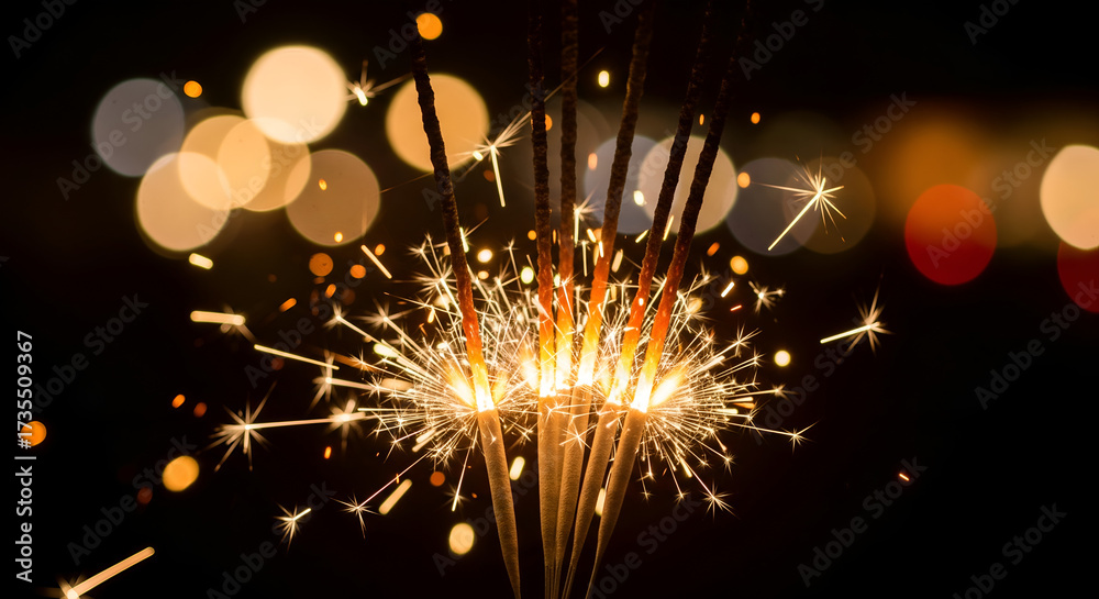 Obraz premium A festive bouquet of burning sparklers illuminates the night with a shower of golden sparks against a warm bokeh lights background.