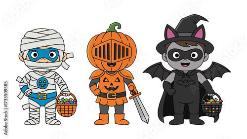 Halloween Trio: A whimsical trio of costumed children, each dressed in unique and festive attire, stand side by side, ready for a night of trick-or-treating.