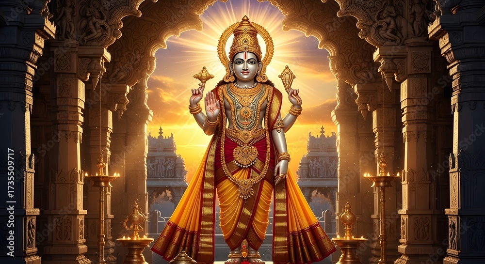 Fototapeta premium Hindu Goddess Statue Standing in Ornate Temple with Golden Light and Architectural Details