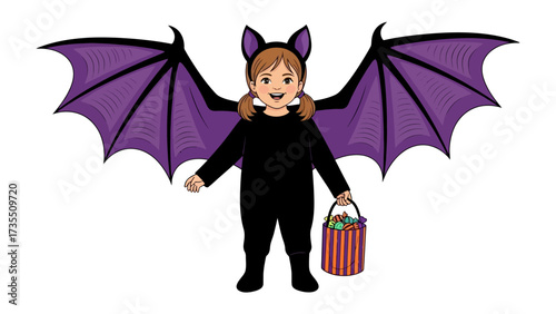 A Little Girl Dressed Up in Halloween Costume: The image depicts a little girl who joyfully embraces Halloween with a festive costume and a candy basket, embodies the spirit of seasonal delight.