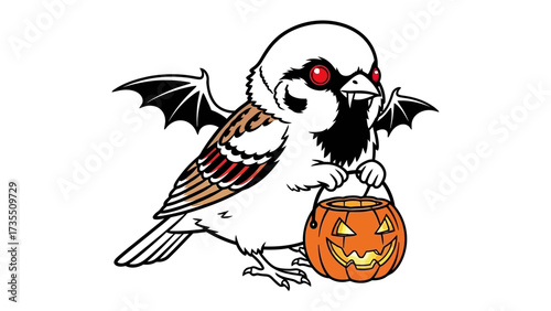 A Spooky Halloween Sparrow: A charming illustration of a sparrow, transformed for Halloween, with bat wings, devilish red eyes, and a carved pumpkin lantern. Capturing the eerie and festive spirit. 