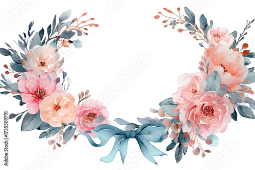 Watercolor Floral Wreath with Peach and Pink Roses Blue Leaves and Ribbon on a Transparent Background Illustration Festive Decoration Design for Invitation Greeting Card Isolated