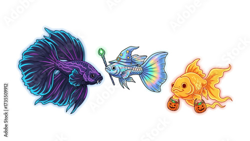 Magical Aquatic Trio: A vibrant illustration showcases three whimsical fish, including a Betta with ethereal blue and purple hues, a wizard fish holding a magic wand.