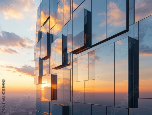 Reflective glass building facade catches sunset colors in an urban landscape