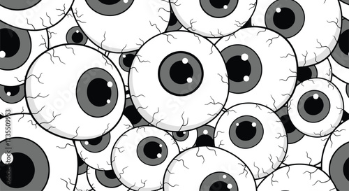 A close-up view of a dense cluster of numerous human eyeballs.