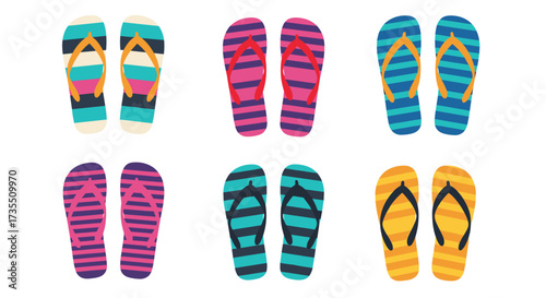 A collection of six pairs of colorful striped flip flops.