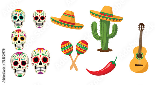 A colorful collection of Mexican cultural symbols.