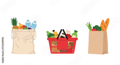 Illustration of groceries in shopping bags and basket.