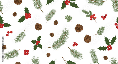 A festive holiday pattern of pine branches pinecones and holly berries.