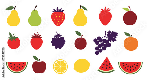 A vibrant collection of fresh fruit illustrations in various colors and shapes.