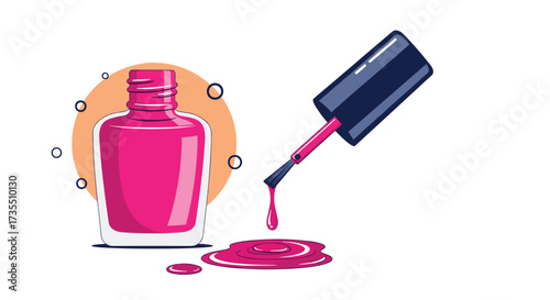 Pink nail polish bottle with brush and spilled polish on a white background.
