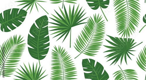 Seamless pattern of lush green tropical palm leaves on a white background.