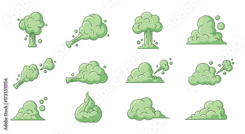 A collection of stylized green gas clouds and puffs.