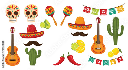 Traditional Mexican festive elements for celebration and holiday.