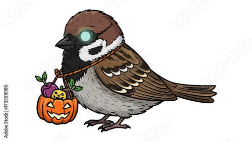 Halloween Sparrow: A charming illustration depicts a stylized sparrow character, complete with an eyepatch and holding a carved pumpkin bucket filled with miniature Halloween treats.