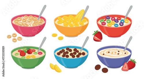 A collection of breakfast cereal bowls with fruits and spoons.
