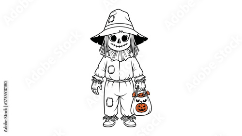 Scarecrow with Halloween Treat Bag: A whimsical scarecrow, exuding an air of playful spookiness, clutches a festive trick-or-treat bag filled with sweet delights.