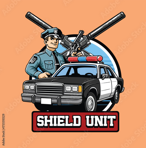 Illustration of police car with cartoon style