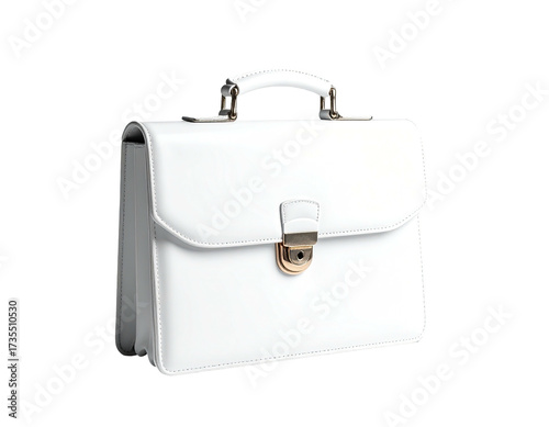 A pristine white briefcase with gold clasp, handle, and hardware, isolated on black