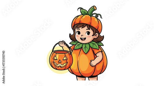 Spirited Pumpkin: A charming cartoon illustration features a cheerful child dressed as a playful pumpkin, complete with a whimsical Jack-o'-lantern treat bag.