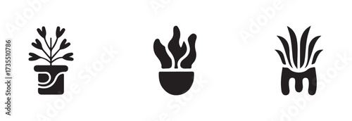 Plant icon set, simple black plant icon in pot, potted Plant Silhouette, black and white potted plant silhouette, vector  illustration EPS 10.