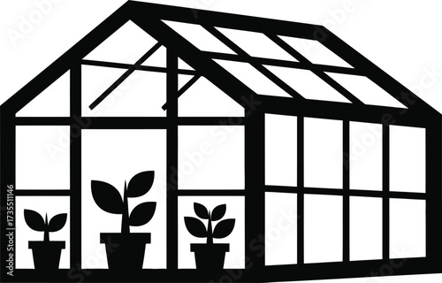 Silhouette of a greenhouse with potted plants inside
