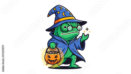 Wizard Chameleon's Enchantment: A whimsical wizard chameleon dressed in magical attire, carrying a glowing pumpkin-shaped lantern with a spellbinding sparkle.