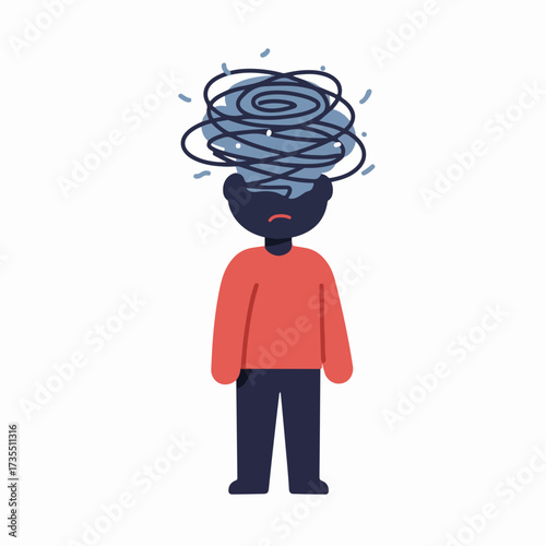 Flat Illustration Overwhelmed Person with Tangled Thoughts Concept Illustration