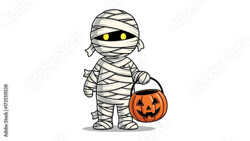 Spooky Mummy with Jack-o'-Lantern: A charming mummy figure, wrapped in bandages, clutches a carved jack-o'-lantern, embodying the spirit of Halloween with its playful, eerie essence. 