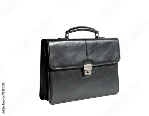 A classic black leather briefcase with a metal clasp and a handle against black