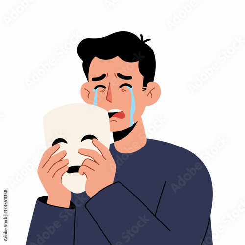 Flat Illustration Sad Man Hiding Behind a Happy Mask Illustration