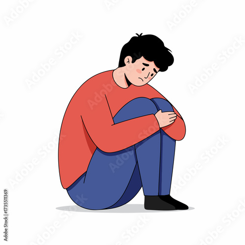 Flat Illustration Sad Man Sitting Hugging Knees Expression of Distress