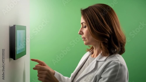 Woman using wall mounted tablet professional technology interaction bright lighting medical theme isolated
