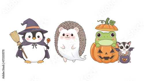 Halloween Creatures Gathering: Adorable animated penguin, hedgehog, frog, and bat celebrating Halloween together, dressed up for the joyous occasion with cartoon elements.
