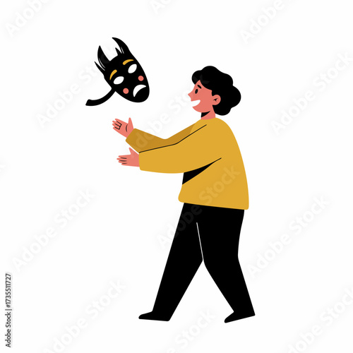 Flat Cartoon Young Man Throwing Away Theatre Mask Illustration