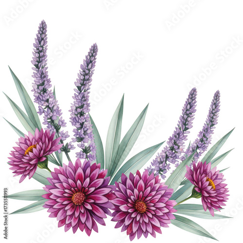 Beautiful arrangement of pink dahlias and purple veronica flowers isolated