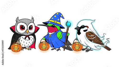 Halloween Trio of Birds: Three whimsical birds dressed up in Halloween costumes, featuring an owl vampire, a hummingbird wizard, and a festive bird, offering a playful and festive scene.